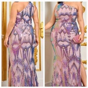 MULTICOLOR SEQUINED, Party, ASSYMMETRICAL Neck, Sleeveless, Sequined Maxi formal
